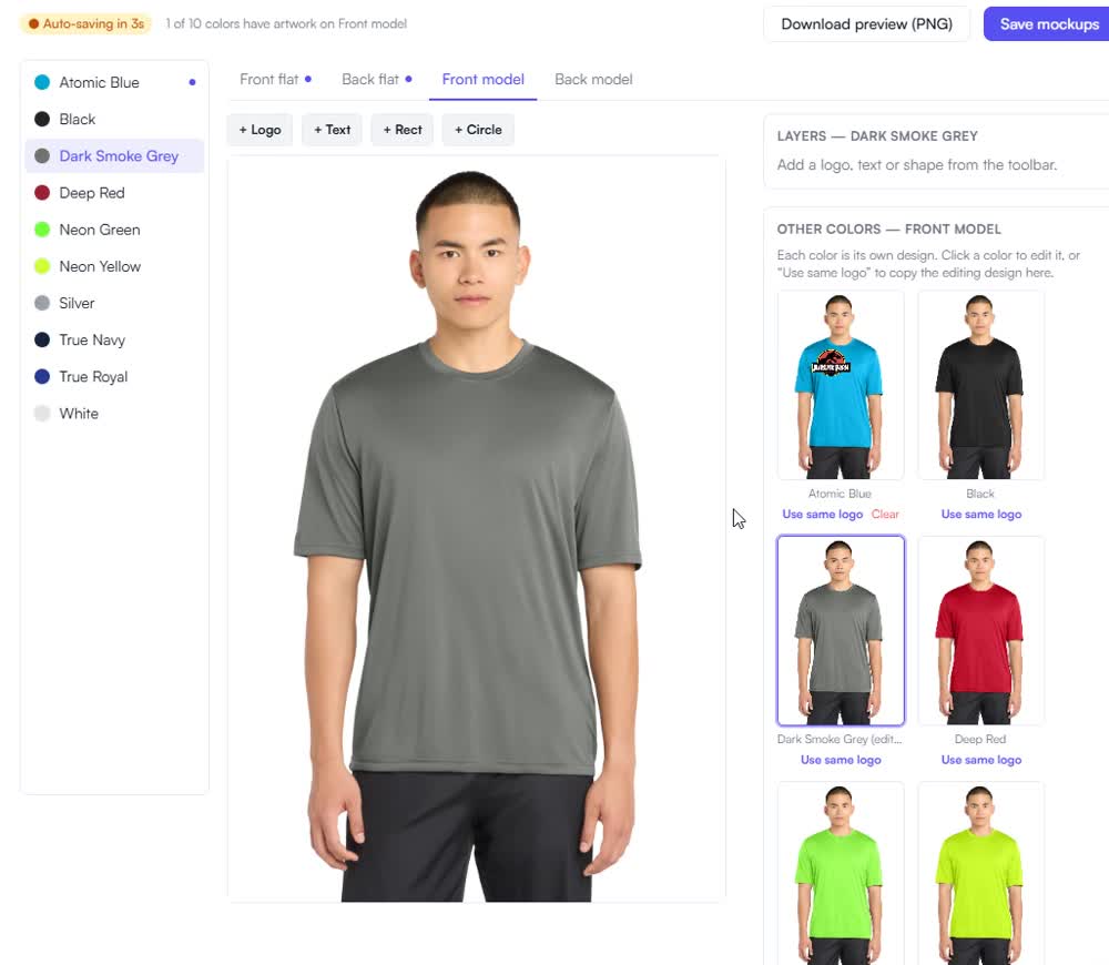 Zibblo mockup designer with a branded logo applied across garment colors