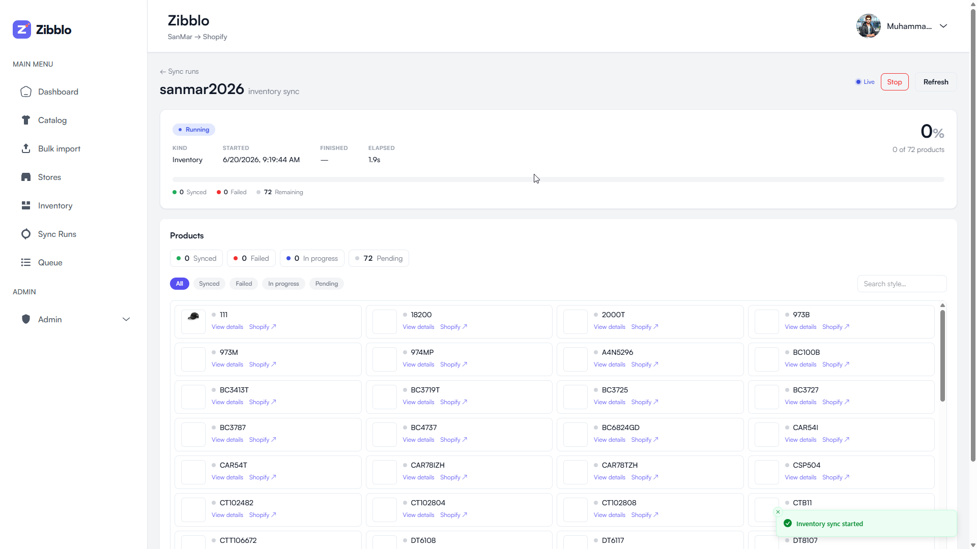 Zibblo sync run — pushing a product with every size, color, and image to Shopify in one click
